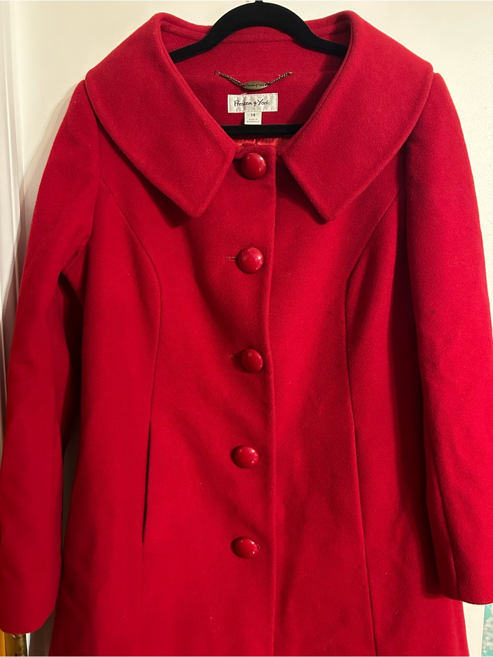 Preston & York Bright Red Wool Pea Coat with Rounded Collar